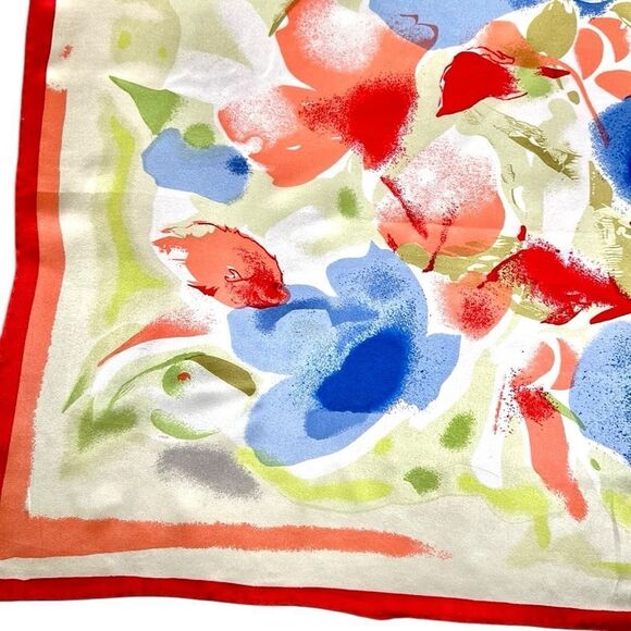 Silk Satin Square Scarf Floral Watercolor Print Hand Rolled Hand Printed 34x34” - Picture 5 of 12